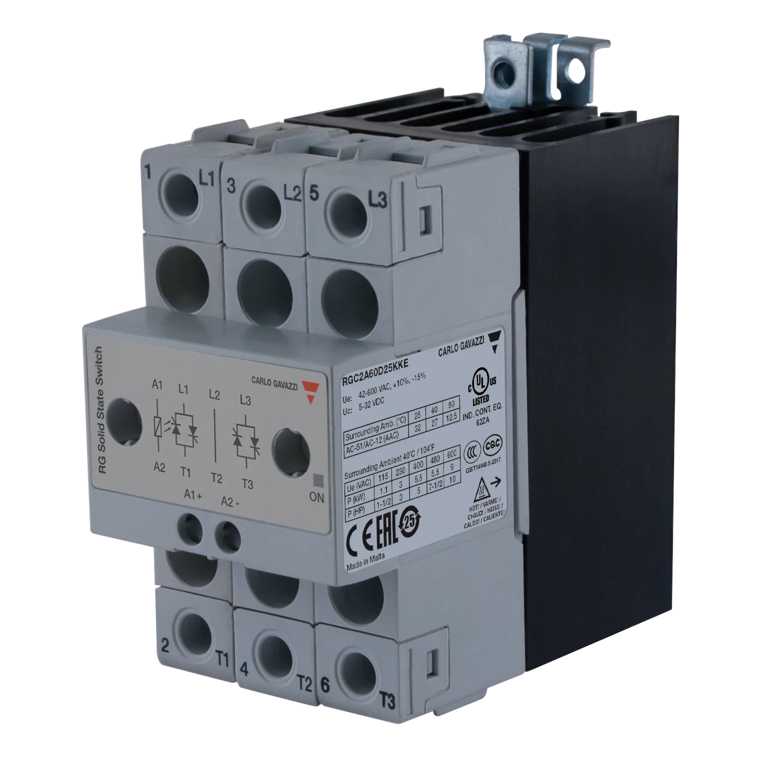Solid state contactor RGC, 2-pole, 25 A, 42-660 VAC, DIN rail