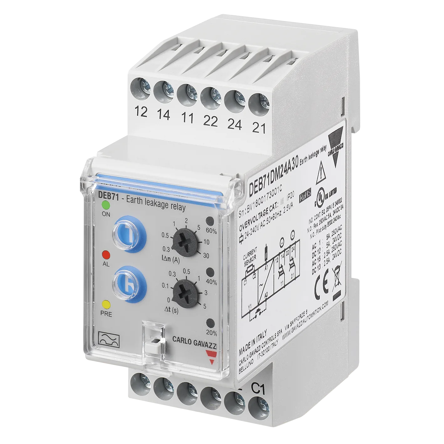 Earth leakage monitoring relay DEB71, adjustable 30 mA-5 A