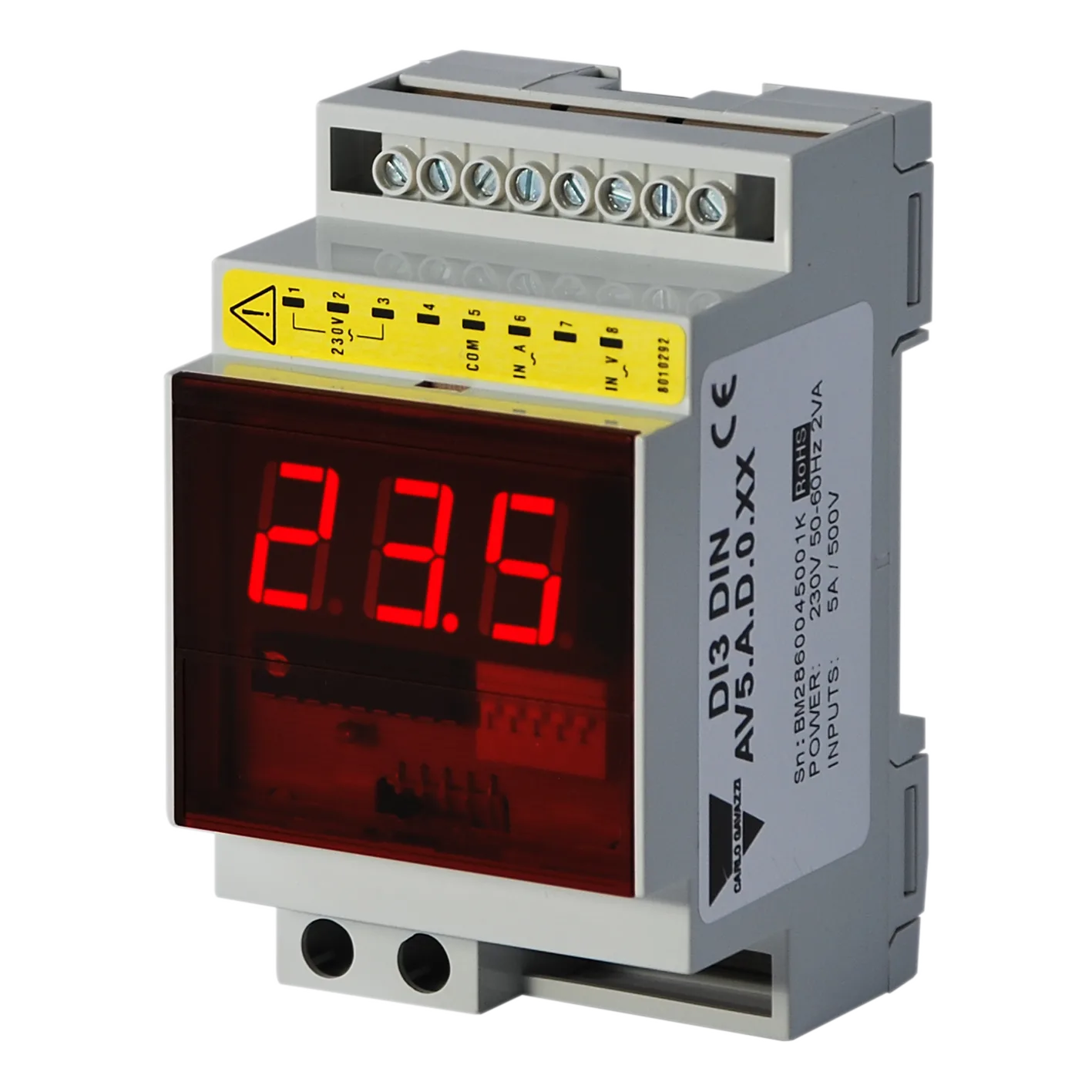 DIN rail digital ammeter or voltmeter DI3, 3 digits, AC input