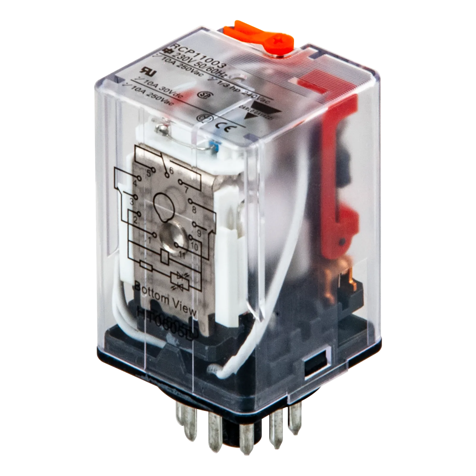 Industrial relay RCP, 3PDT, 10 A, 230 VAC coil, 11-pin, LED