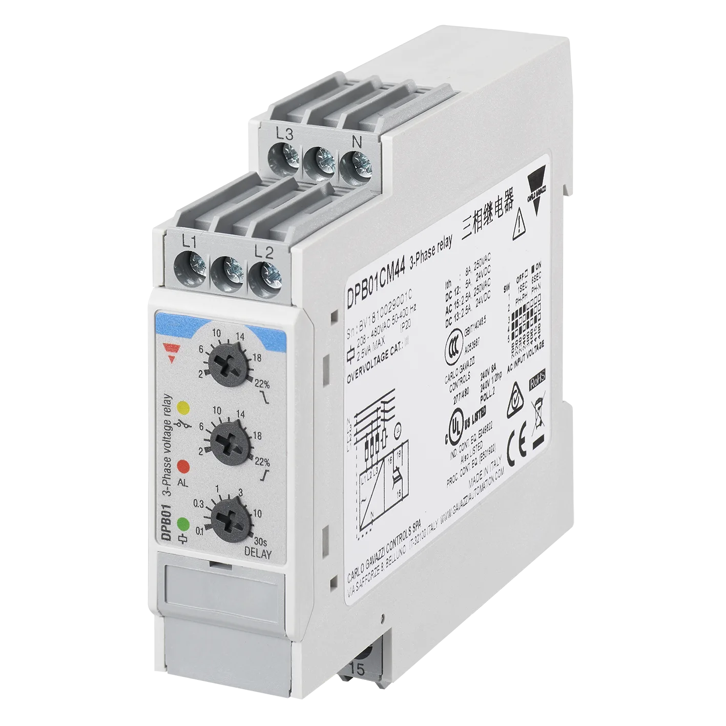 3-phase monitoring relay DPB01, phase loss/sequence, over/undervoltage, 380-480 VAC