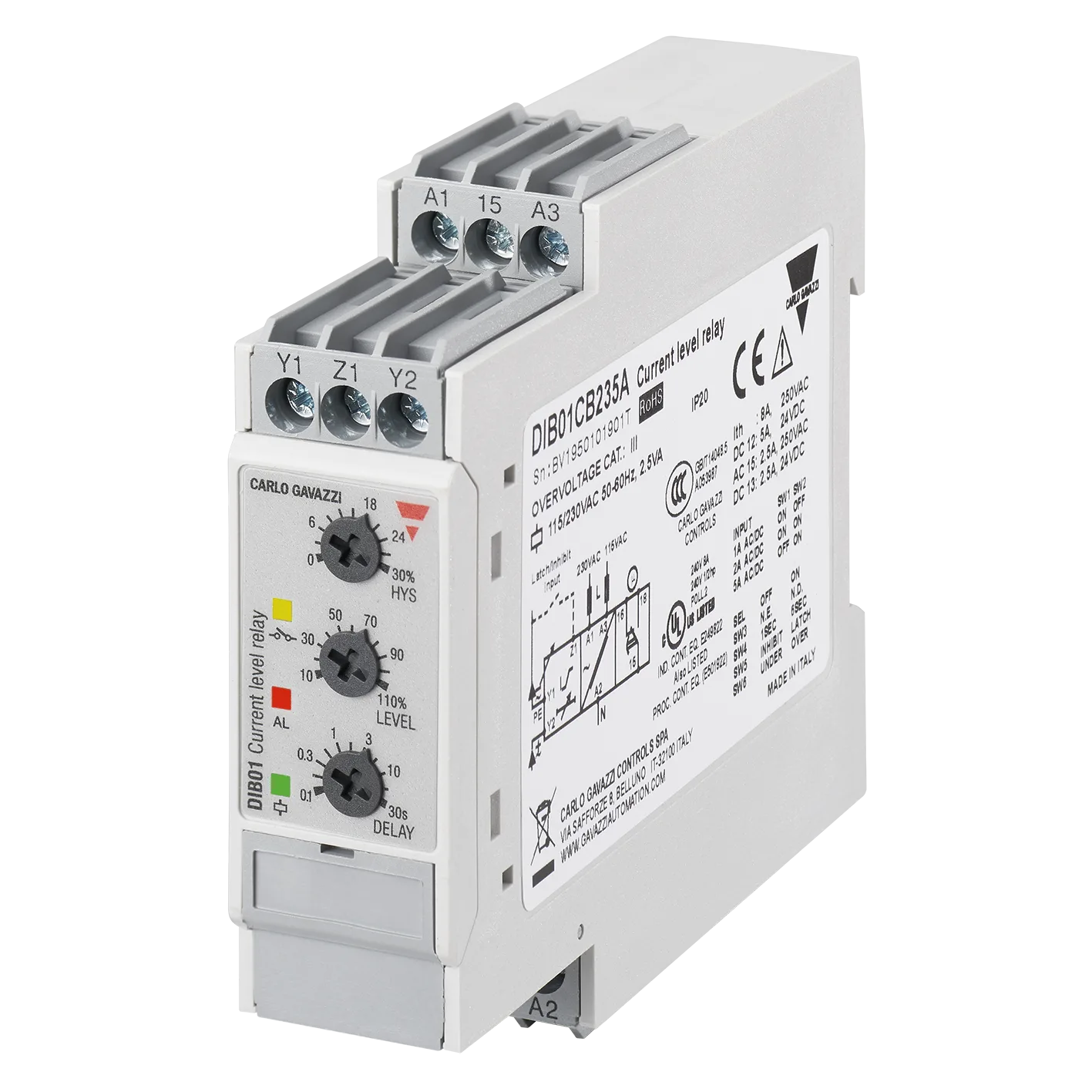 1-phase AC/DC current monitoring relay DIB01, 0.1-5 A
