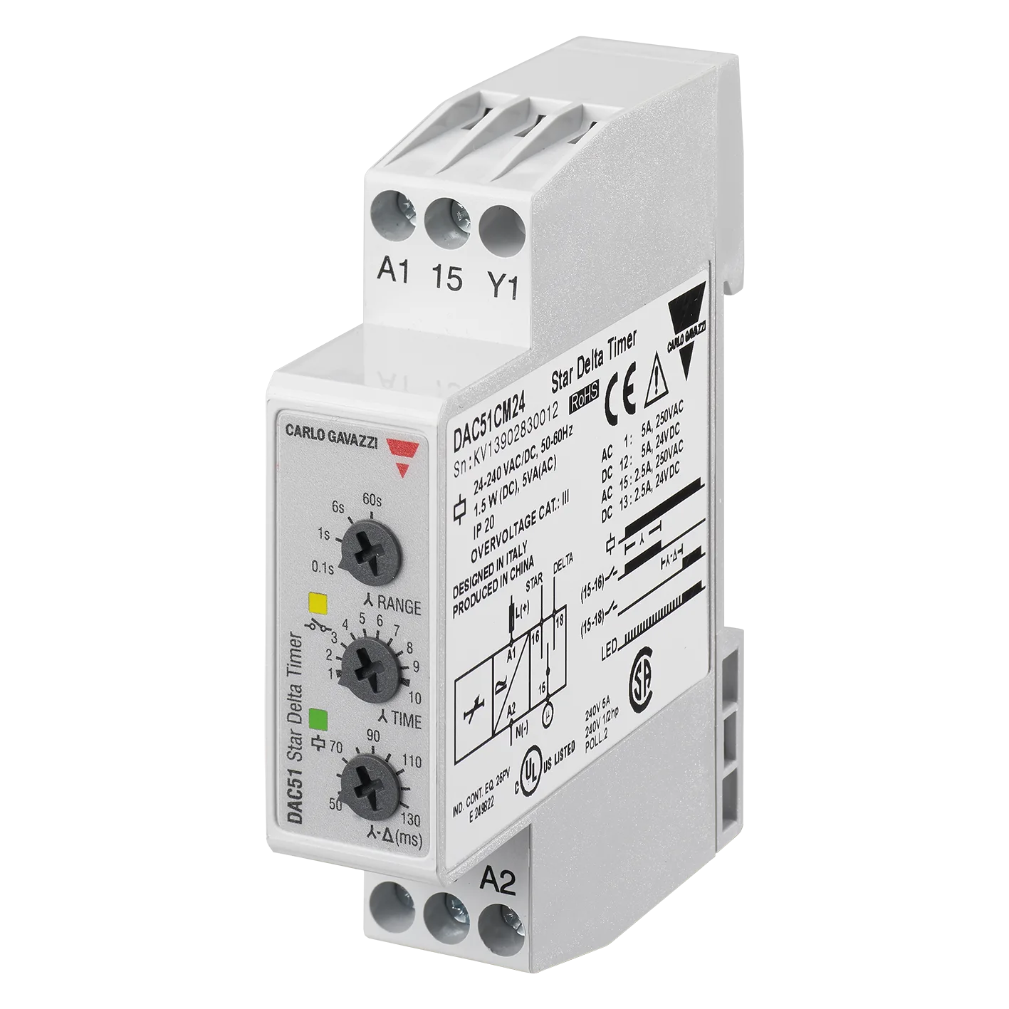 Star-delta timer DAC51, 0.1-600 s, 24-240 VAC/DC, 17.5 mm