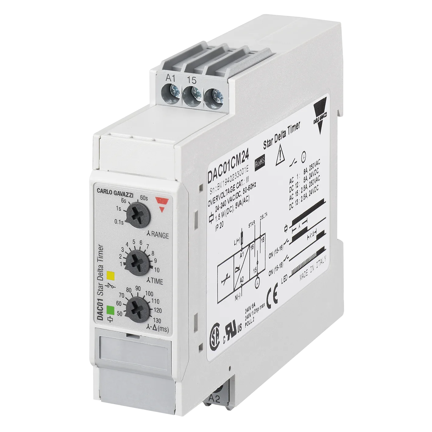 Star-delta timer DAC01, 0.1 s-10 min, 24-240 VAC/DC, 22.5 mm