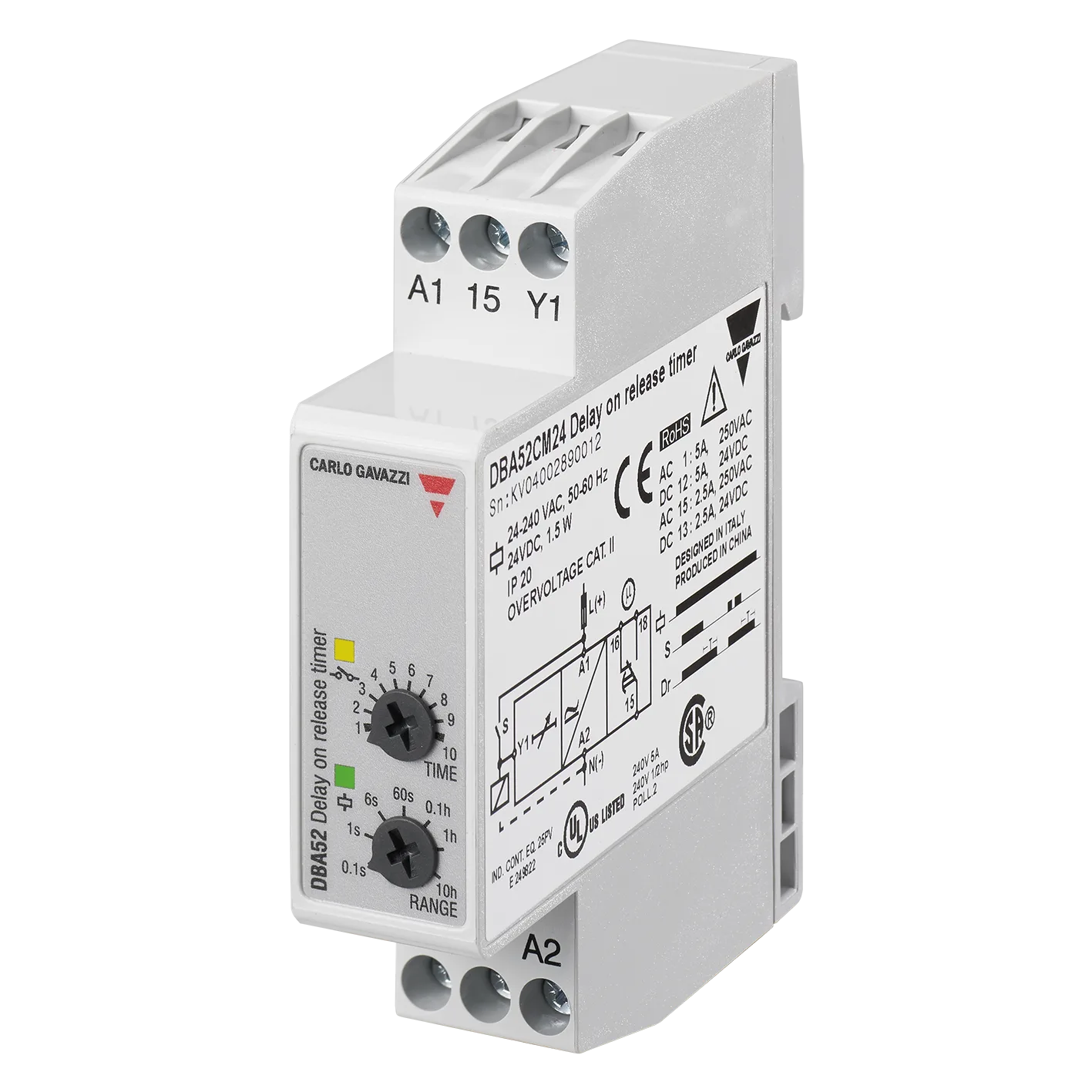 Off-delay timer DBA52, 0.1 s-10 min, 17.5 mm DIN rail