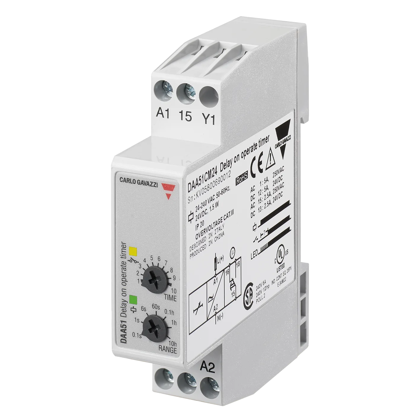 On-delay timer DAA51, 0.1 s-100 h, 17.5 mm DIN rail