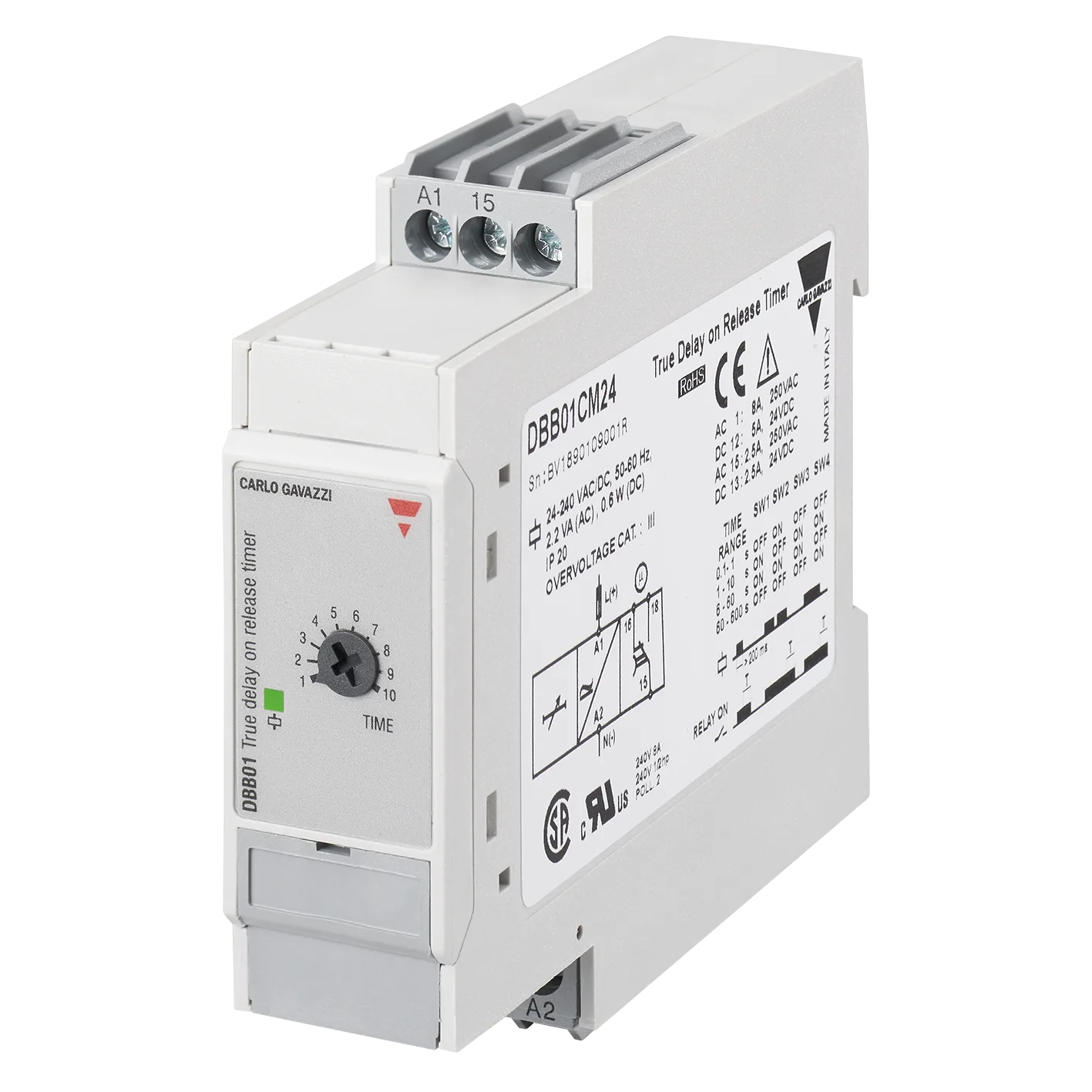 True off-delay timer DBB01, 0.1 s-10 min, 24-240 VAC/DC
