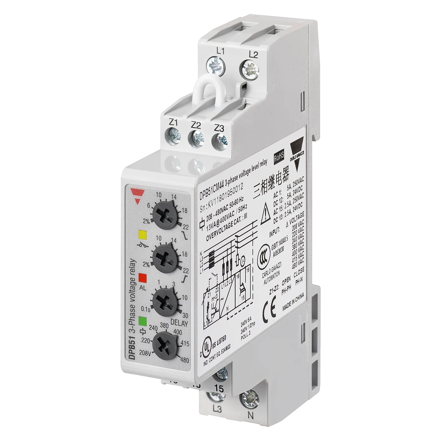 3-phase monitoring relay DPB51, phase loss/sequence, over/undervoltage, 208-480 VAC