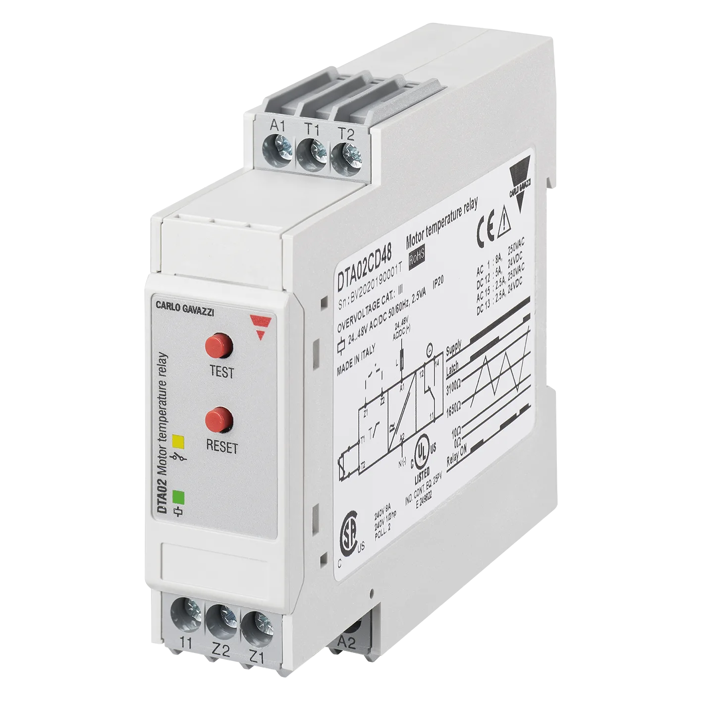 PTC thermistor relay DTA02, test and reset, 230 VAC